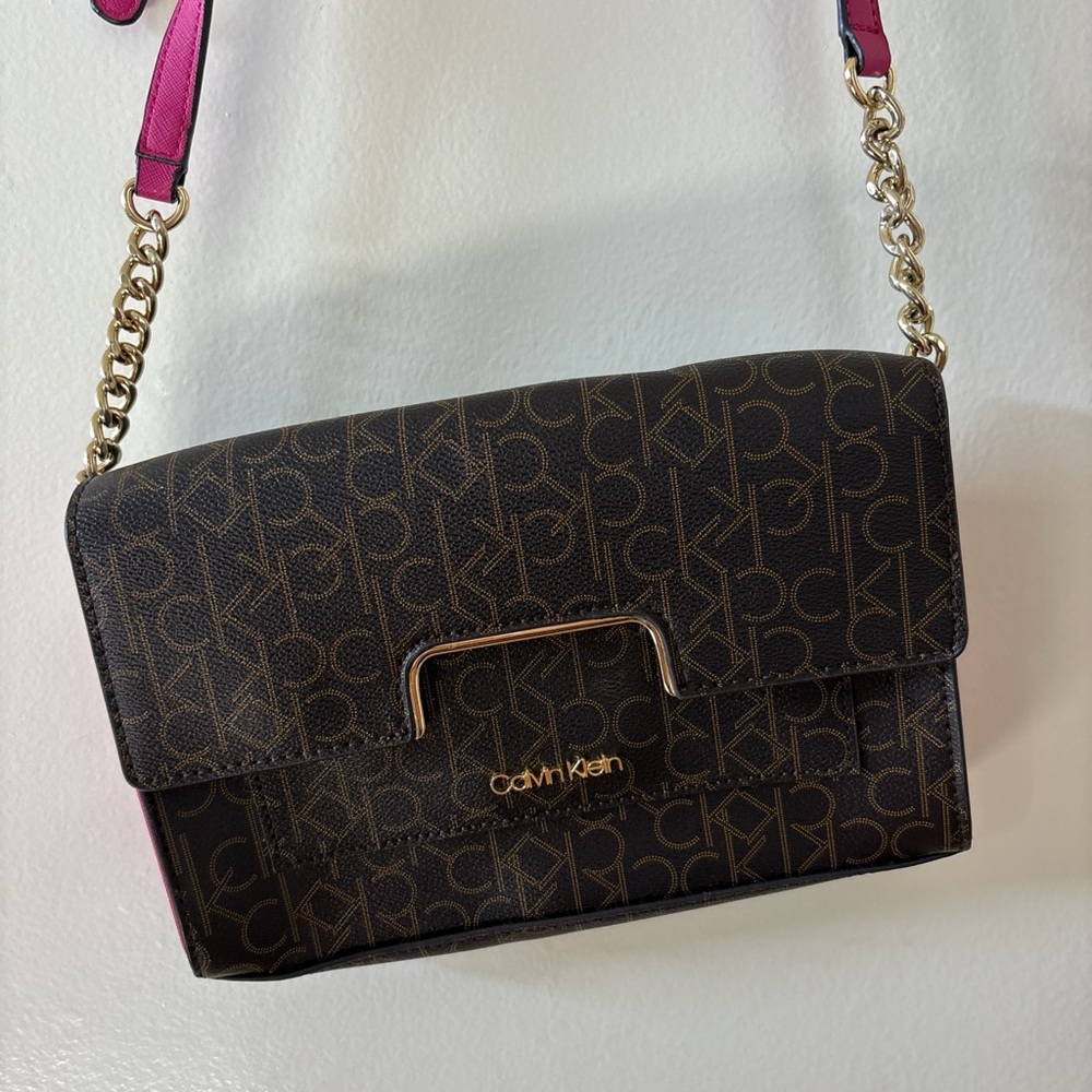 Calvin Klein Brown Monogram Shoulder Bag with Gold Accents